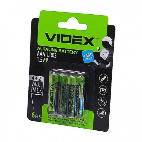 Батарейки Videx LR3/AAA 6шт БЛИСТЕР 1*36*200